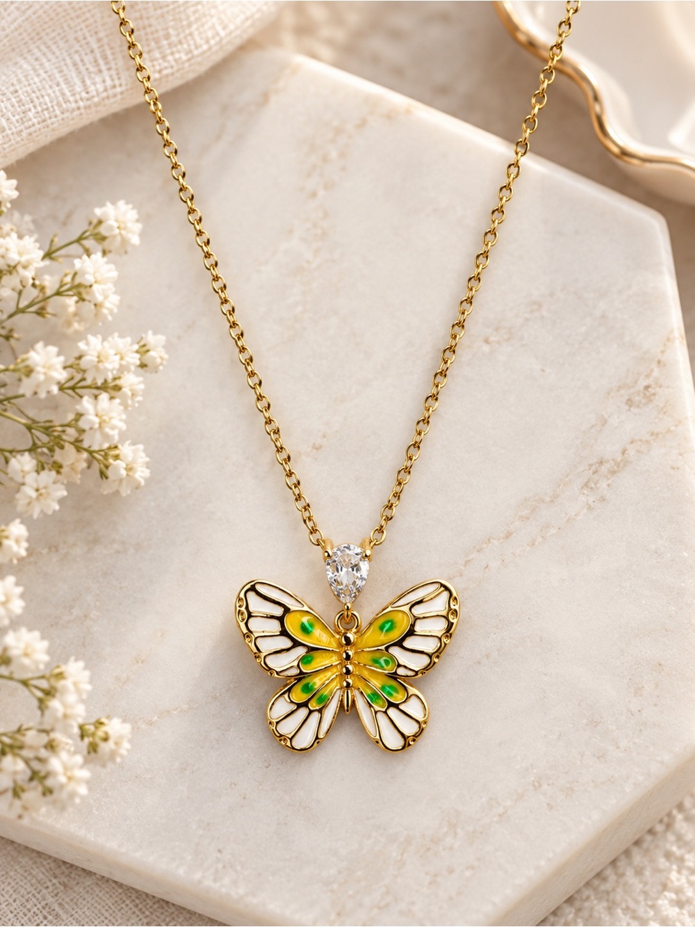 Gold Stainless Steel Butterfly Pendant Necklace Green White Enamel